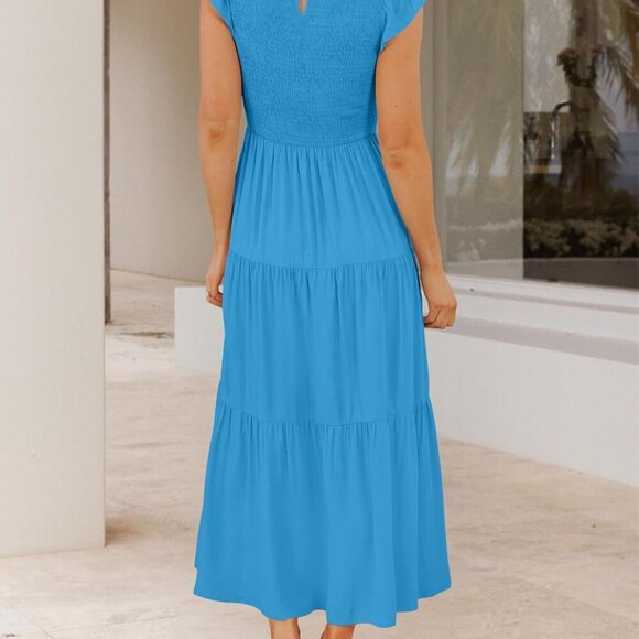 Women's 2025 Summer Casual Flutter Short Sleeve Crew Neck Smocked Elastic Waist - Picture 3 of 7